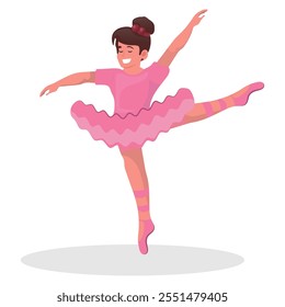 Ballerina dressed in professional outfit, shoes or light pink skirt demonstrates dancing skill. graceful ballet dancer girl isolated on white background. Cartoon People Vector Illustration.