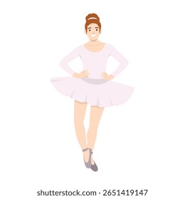Ballerina dressed in a soft pink tutu stands gracefully with hands on hips. Flat vector illustration isolated on white background
