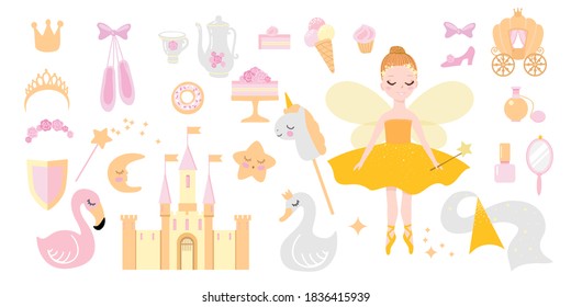 ballerina in fairy costume in round frame with accessories