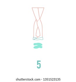 Ballerina feet in pointe shoes standing in fifth ballet traditional position in flat line style isolated on white background - vector illustration of female legs performing classical ballet technique.