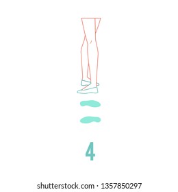 Ballerina feet in pointe shoes standing in fourth ballet traditional position in flat line style isolated on white background. Vector illustration of female legs performing classical ballet technique.