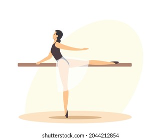 Ballerina Female Character Creative Occupation. Girl Training in Ballet Dance Studio Perform Basic Arms and Legs Moves on One Dancer Example. Classroom with Parallel Bar. Cartoon Vector Illustration