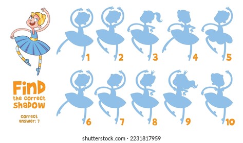 Ballerina. Find the correct shadow. Educational game for children. Cartoon vector illustration. Isolated on white background