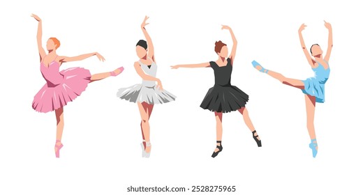 Ballerina flat vector illustration set. Beautiful female ballet dancer. Isolated on white background.