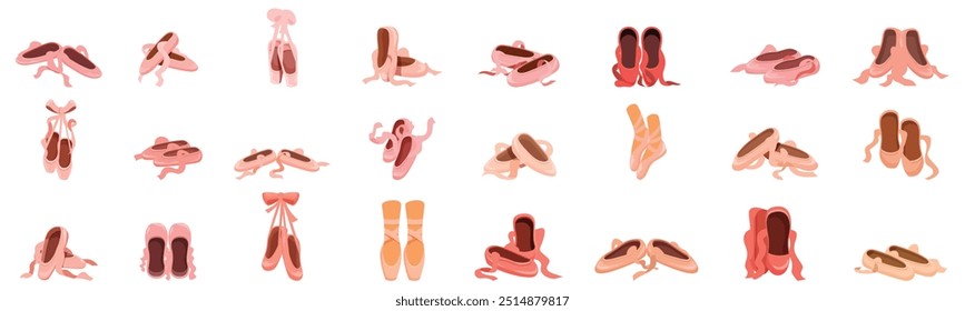 Ballerina footwear icons set. Ballet shoes set showing various poses and colors, isolated on white background