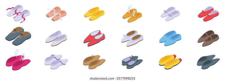 Ballerina footwear icons set. Colorful footwear for dancers, showcasing various styles and designs for ballet and contemporary dance