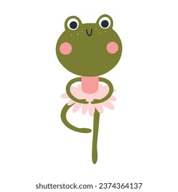 Ballerina frog vector isolate. Cute illustration of a character in a tutu dancing ballet. Hand-drawn cartoon in a limited palette is ideal for printing on baby clothes, posters