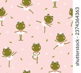 Ballerina frogs seamless pattern. Vector illustration of cute characters in ballet tutus in different poses dancing ballet. Hand-drawn cartoon in a limited palette. Ideal for baby textiles, clothing