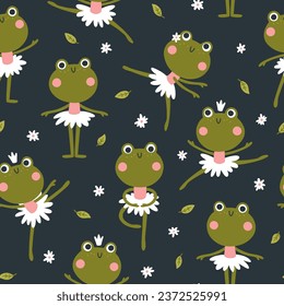 Ballerina frogs seamless pattern. Vector illustration of cute characters in ballet tutus in different poses dancing ballet. Hand-drawn cartoon in a limited palette. Ideal for baby textiles, clothing