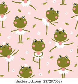 Ballerina frogs seamless pattern. Vector illustration of cute characters in ballet tutus in different poses dancing ballet. Hand-drawn cartoon in a limited palette. Ideal for baby textiles, clothing