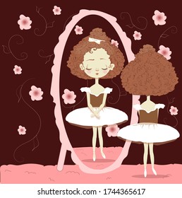 Ballerina in a front of the mirror. Wallpepers with flowers on thr background. Cyrly Hair girl. Cute little girl Character. Vector illustration. 