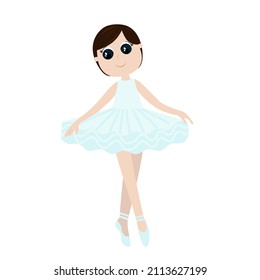 A ballerina girl in a ballet tutu dances lightly and gracefully with her legs crossed. Cartoon flat style for kids dance school design or professions illustration.
