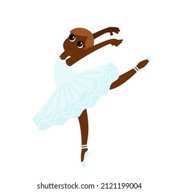 A ballerina girl in a ballet tutu dances lightly and gracefully with her arms thrown back and her leg raised. Cartoon flat style for kids dance school design or professions illustration.