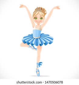 Ballerina girl in blue tutu dancing on one leg isolated on a white background