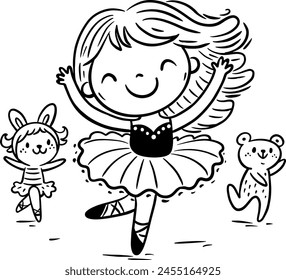 Ballerina girl. Cartoon little girl in tutu dress dances with toys. Child ballet dancer. Kids activities outline clipart