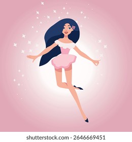 A ballerina girl dances in a colorful background, perfect for a poster, banner, flyer, or greeting card in a flat cartoon style.