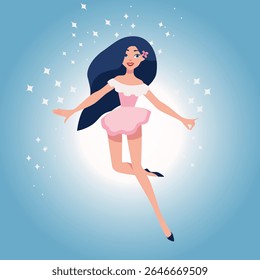 A ballerina girl dances in a colorful background, perfect for a poster, banner, flyer, or greeting card in a flat cartoon style.