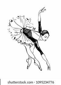 Ballerina. Girl dancing. Black and white sketch. Ballet. Vector.