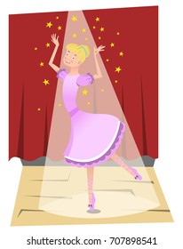 Ballerina girl dancing on stage, red curtain behind her, stars falling from above (vector illustration)