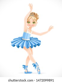 Ballerina girl with a diadem in hair in blue dress dancing isolated on white background