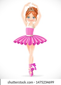 Ballerina girl with a diadem in hair dancing on toes isolated on white background