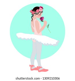 Ballerina girl in flower crown and tutu skirt holding a peony