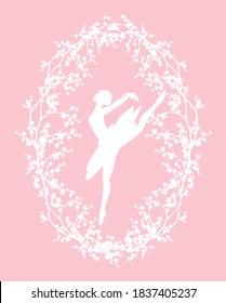 ballerina girl in oval frame made of sakura branches - spring season blossom and dancer vector silhouette design