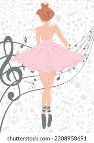 Ballerina con vestido rosa. Allover imprime el fondo musical escrito.