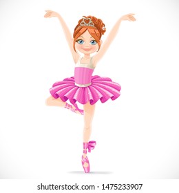 Ballerina girl in pink tutu dancing on one leg isolated on a white background