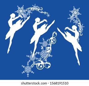 ballerina girl and snowflakes decor - winter season ballet dancer vector silhouette design set
