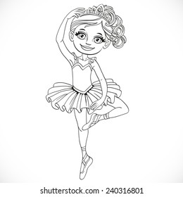 Ballerina girl in tutu and tiara dancing on one leg outlined isolated on a white background