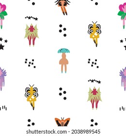 Ballerina girly costumes seamless pattern. Ballet shoes, flower, mushroom, butterfly, hats, dots, squares, stars, and lines vector illustration.