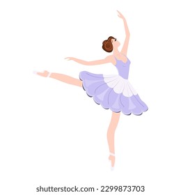 Ballerina. Graceful dancer in pointe shoes and tutu dancing ballet. Flat vector image of a ballerina on white background.  