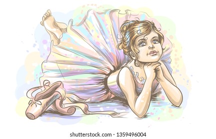 
Ballerina. Hand-drawn sketch of a cute little dreamy girl ballerina on a white background with splashes of watercolor.