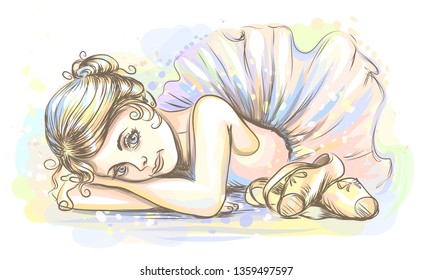 
Ballerina. Hand-drawn sketch of a cute little dreamy girl ballerina in a tutu with pointe shoes on a white background with watercolor splashes.