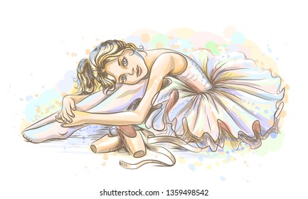 Ballerina. Hand-drawn sketch of a cute little dreamy girl ballerina in a tutu with pointe shoes on a white background with watercolor splashes.