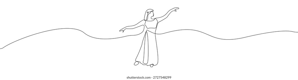 Vector de dibujo continuo de línea de icono de bailarina. Fondo de Vector de icono de bailarín de una línea. Icono de Artista. Esquema continuo de un icono de gimnasta.
