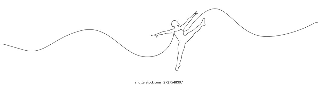 Vector de dibujo continuo de línea de icono de bailarina. Fondo de Vector de icono de bailarín de una línea. Icono de Artista. Esquema continuo de un icono de gimnasta.
