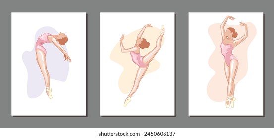 Ballerina illustration, ballerinas poses. Gymnastics girl. Girl dancing classical choreography. Ballet set female. Pointe shoes. Hand drawn vector art work isolated on white background