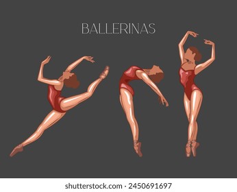 Ballerina illustration, ballerinas poses. Gymnastics girl. Girl dancing classical choreography. Ballet set female. Pointe shoes. Hand drawn vector art work isolated on white background