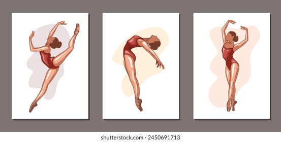 Ballerina illustration, ballerinas poses. Gymnastics girl. Girl dancing classical choreography. Ballet set female. Pointe shoes. Hand drawn vector art work isolated on white background