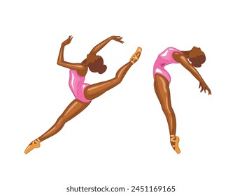 Ballerina illustration, ballerinas poses. Gymnastics girl. Girl dancing classical choreography. Ballet set female. Pointe shoes. Hand drawn vector art work isolated on white background