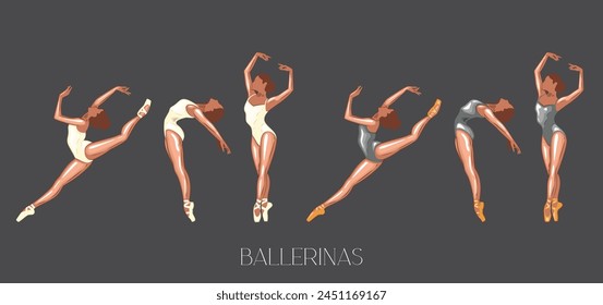 Ballerina illustration, ballerinas poses. Gymnastics girl. Girl dancing classical choreography. Ballet set female. Pointe shoes. Hand drawn vector art work isolated on white background