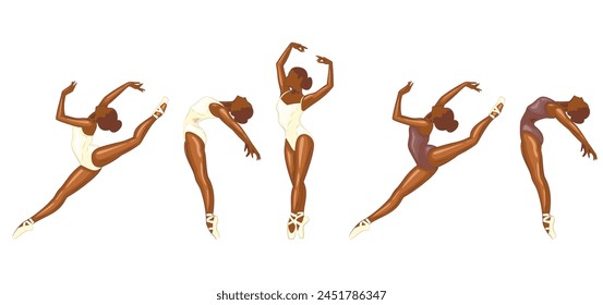 Ballerina illustration, ballerinas poses. Gymnastics girl. Girl dancing classical choreography. Ballet set female. Pointe shoes. Hand drawn vector art work isolated on white background