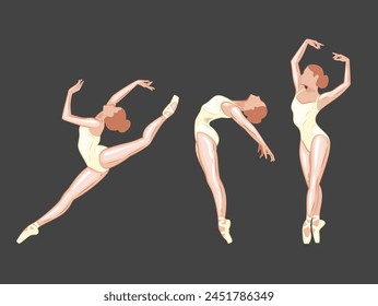 Ballerina illustration, ballerinas poses. Gymnastics girl. Girl dancing classical choreography. Ballet set female. Pointe shoes. Hand drawn vector art work isolated on white background