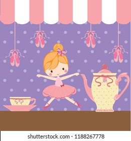 Ballerina illustration with teapot and cup. Suitable for tea party 