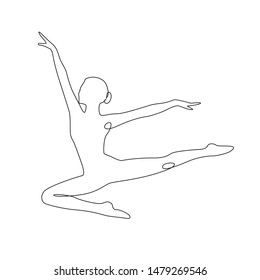 Ballerina jumps performing dance one line drawing on white isolated background. Vector illustration