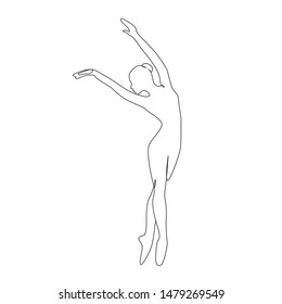 Ballerina jumps performing dance one line drawing on white isolated background. Vector illustration