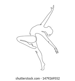 Ballerina jumps performing dance one line drawing on white isolated background. Vector illustration