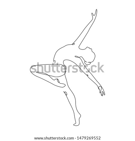 Ballerina jumps performing dance one line drawing on white isolated background. Vector illustration
